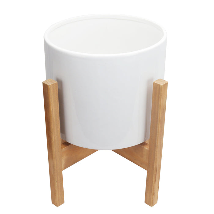 White Ceramic Pot Planter with Reversible Height Wood Stand