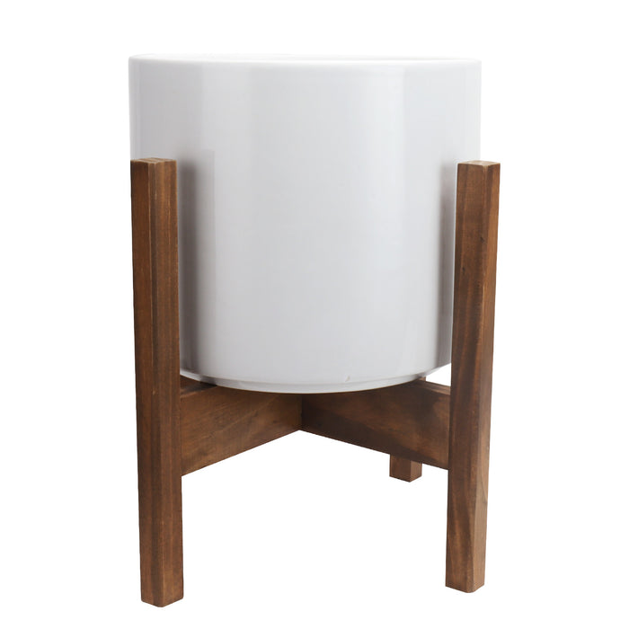 White Ceramic Pot Planter with Reversible Height Wood Stand