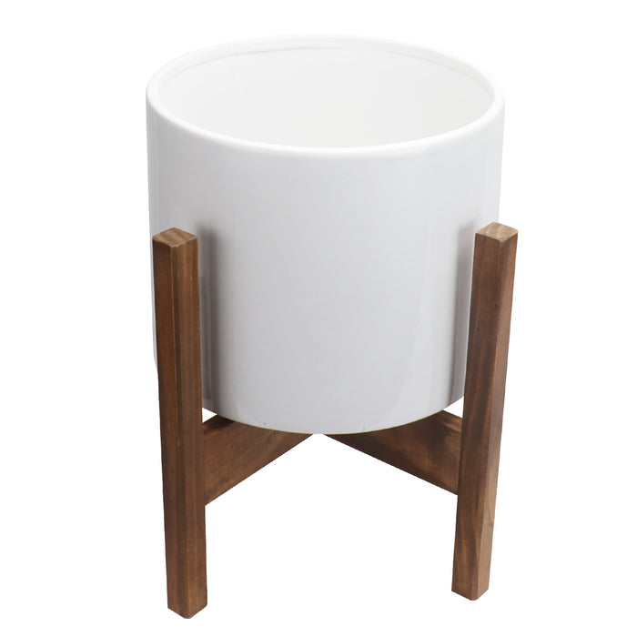 White Ceramic Pot Planter with Reversible Height Wood Stand