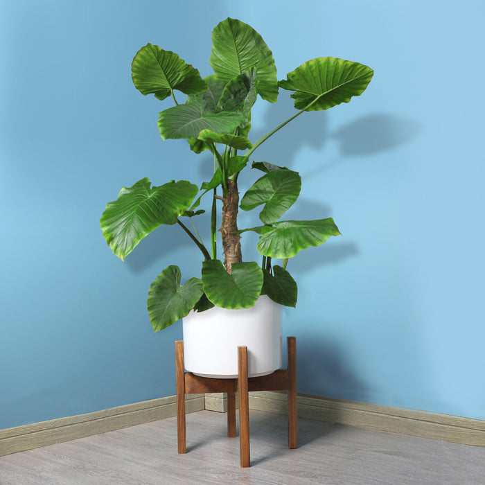 White Ceramic Pot Planter with Reversible Height Wood Stand