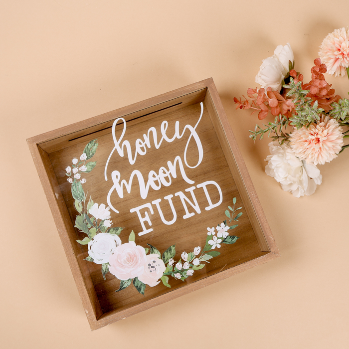 Honey Moon Fund and Card Rustic Wood Box with Mixed Floral Garland Design